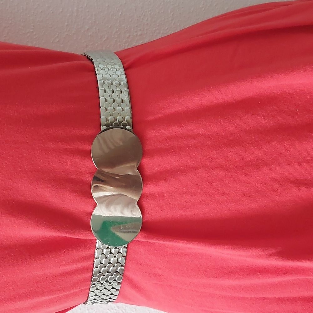 Vintage Stretch Mesh Metal Belt with Large Silver Buckle